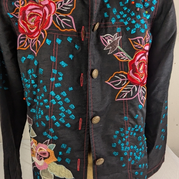 Indigo Moon Embellished Black Jacket Vibrant Floral & Abstract Designs Medium - Picture 3 of 15
